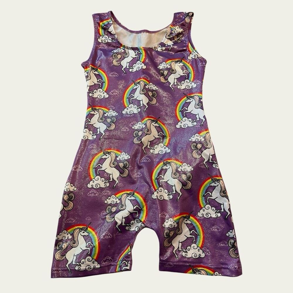 Girls Unicorn Rainbow Sparkle Gymnastics Biketard Unitard Approx Size 8-10